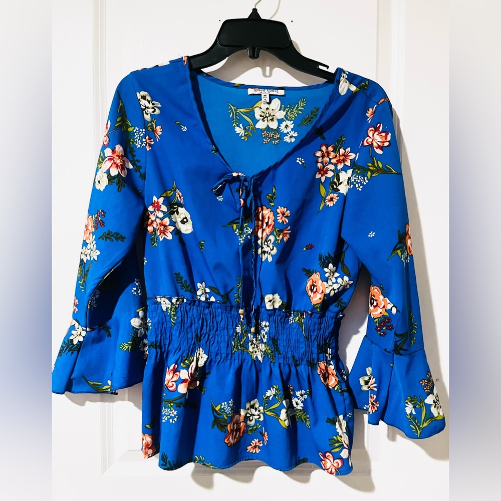 Floral Blue Blouse with Smocked Waist - Picture 3 of 3